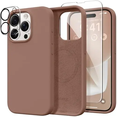 GONEZ for iPhone 15 Pro Max Case Silicone, Compatible with Magsafe, Camera Protector + Screen Protector, Soft Anti-Scratch Microfiber Lining, Liquid Silicone Shockproof Phone Cover, Brown 