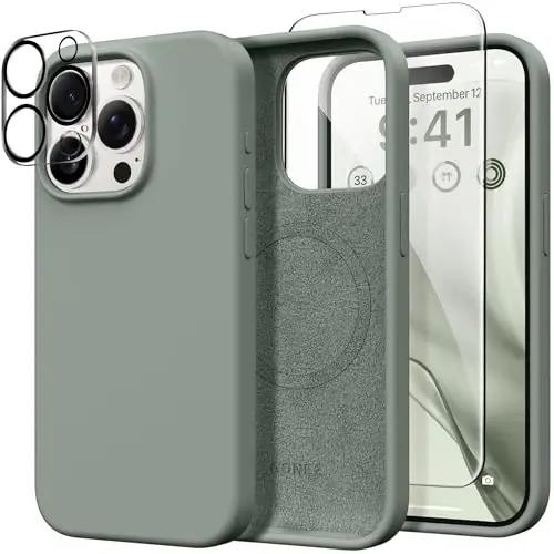 GONEZ for iPhone 15 Pro Max Case Silicone, Compatible with Magsafe, Camera Protector + Screen Protector, Soft Anti-Scratch Microfiber Lining, Liquid Silicone Shockproof Phone Cover, Calke Green - GONEZ