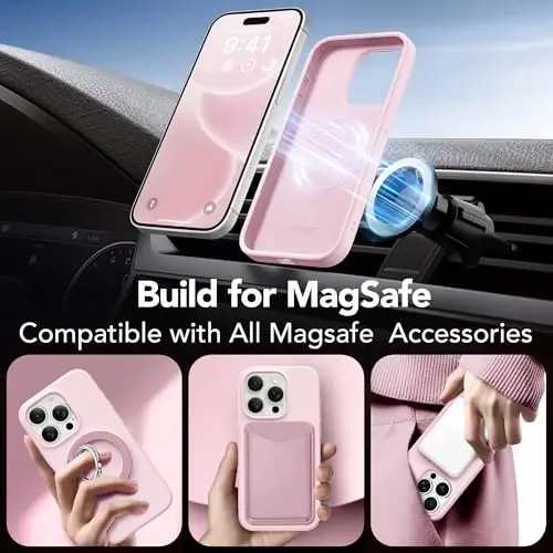 GONEZ Magnetic for iPhone 15 Pro Max Case, [Compatible with MagSafe] Anti-Scratch Microfiber Lining & Screen Protector, Shockproof Slim Phone Silicone Cover 6.7 inch, Chalk Pink - 5
