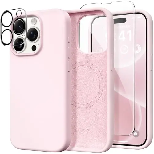 GONEZ for iPhone 15 Pro Max Case Silicone, Compatible with Magsafe, Camera Protector + Screen Protector, Soft Anti-Scratch Microfiber Lining, Liquid Silicone Shockproof Phone Cover, Chalk Pink - GONEZ