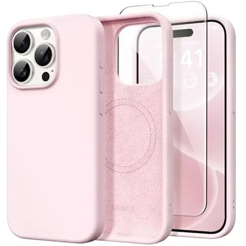 GONEZ for iPhone 15 Pro Max Case Silicone, Compatible with Magsafe, Camera Protector + Screen Protector, Soft Anti-Scratch Microfiber Lining, Liquid Silicone Shockproof Phone Cover, Chalk Pink 