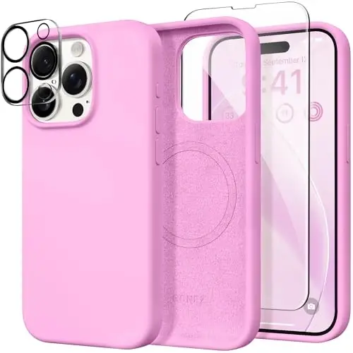 GONEZ for iPhone 15 Pro Max Case Silicone, Compatible with Magsafe, Camera Protector + Screen Protector, Soft Anti-Scratch Microfiber Lining, Liquid Silicone Shockproof Phone Cover, Cherry Blossom - 1