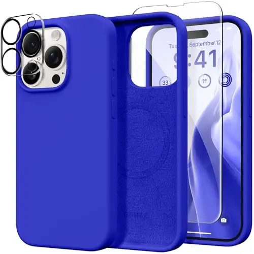 GONEZ for iPhone 15 Pro Max Case Silicone, Compatible with Magsafe, Camera Protector + Screen Protector, Soft Anti-Scratch Microfiber Lining, Liquid Silicone Shockproof Phone Cover, Cobalt Blue - GONEZ