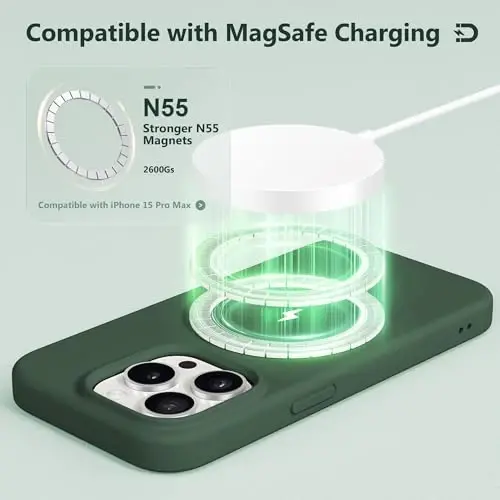 GONEZ for iPhone 15 Pro Max Case Silicone, Compatible with Magsafe, Camera Protector + Screen Protector, Soft Anti-Scratch Microfiber Lining, Liquid Silicone Shockproof Phone Cover, Dark Green - 2