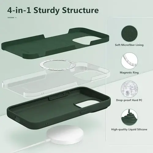 GONEZ for iPhone 15 Pro Max Case Silicone, Compatible with Magsafe, Camera Protector + Screen Protector, Soft Anti-Scratch Microfiber Lining, Liquid Silicone Shockproof Phone Cover, Dark Green - 3
