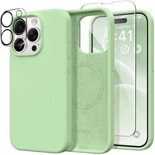 GONEZ for iPhone 15 Pro Max Case Silicone, Compatible with Magsafe, Camera Protector + Screen Protector, Soft Anti-Scratch Microfiber Lining, Liquid Silicone Shockproof Phone Cover, Green 