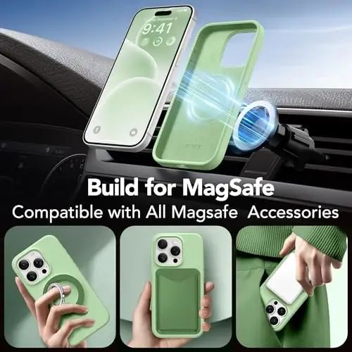 GONEZ for iPhone 15 Pro Max Case Silicone, Compatible with Magsafe, Camera Protector + Screen Protector, Soft Anti-Scratch Microfiber Lining, Liquid Silicone Shockproof Phone Cover, Green - 4