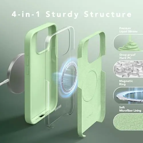 GONEZ for iPhone 15 Pro Max Case Silicone, Compatible with Magsafe, Camera Protector + Screen Protector, Soft Anti-Scratch Microfiber Lining, Liquid Silicone Shockproof Phone Cover, Green - 5