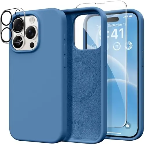 GONEZ for iPhone 15 Pro Max Case Silicone, Compatible with Magsafe, Camera Protector + Screen Protector, Soft Anti-Scratch Microfiber Lining, Liquid Silicone Shockproof Phone Cover, Lake Blue 