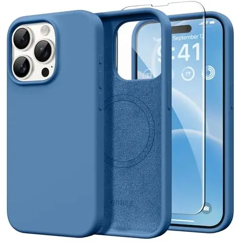 GONEZ Magnetic for iPhone 15 Pro Max Case, [Compatible with MagSafe] Anti-Scratch Microfiber Lining & Screen Protector, Shockproof Slim Phone Silicone Cover 6.7 inch, Lake Blue 