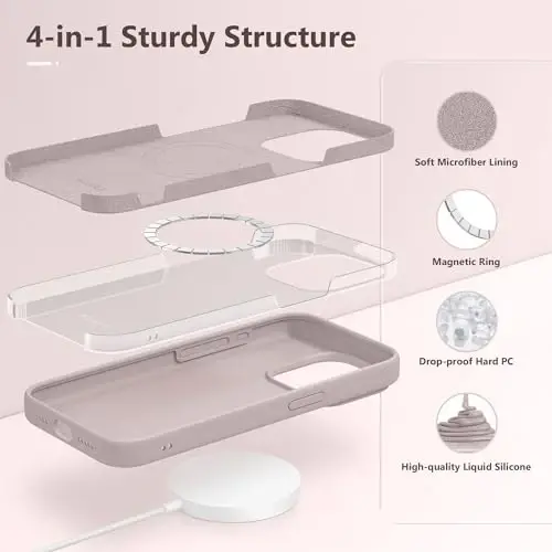 GONEZ for iPhone 15 Pro Max Case Silicone, Compatible with Magsafe, Camera Protector + Screen Protector, Soft Anti-Scratch Microfiber Lining, Liquid Silicone Shockproof Phone Cover, Light Taro - 5