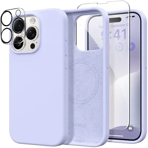 GONEZ for iPhone 15 Pro Max Case Silicone, Compatible with Magsafe, Camera Protector + Screen Protector, Soft Anti-Scratch Microfiber Lining, Liquid Silicone Shockproof Phone Cover, Lilac 