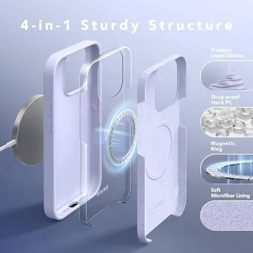 GONEZ for iPhone 15 Pro Max Case Silicone, Compatible with Magsafe, Camera Protector + Screen Protector, Soft Anti-Scratch Microfiber Lining, Liquid Silicone Shockproof Phone Cover, Lilac - 5