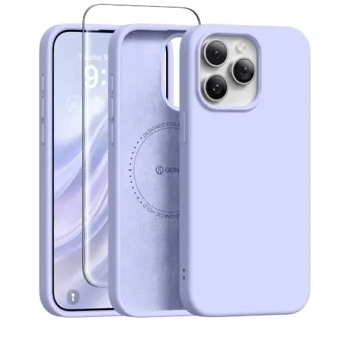 GONEZ Magnetic for iPhone 15 Pro Max Case, Silicone Cover Lilac | Compatible with MagSafe, Camera Button & Screen Protector, Microfiber Lining, 3 Layers Soft Gel Rubber Shockproof Slim 6.7