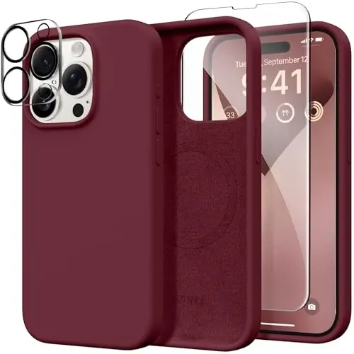 GONEZ for iPhone 15 Pro Max Case Silicone, Compatible with Magsafe, Camera Protector + Screen Protector, Soft Anti-Scratch Microfiber Lining, Liquid Silicone Shockproof Phone Cover, Maroon - 1