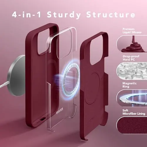 GONEZ for iPhone 15 Pro Max Case Silicone, Compatible with Magsafe, Camera Protector + Screen Protector, Soft Anti-Scratch Microfiber Lining, Liquid Silicone Shockproof Phone Cover, Maroon - 5