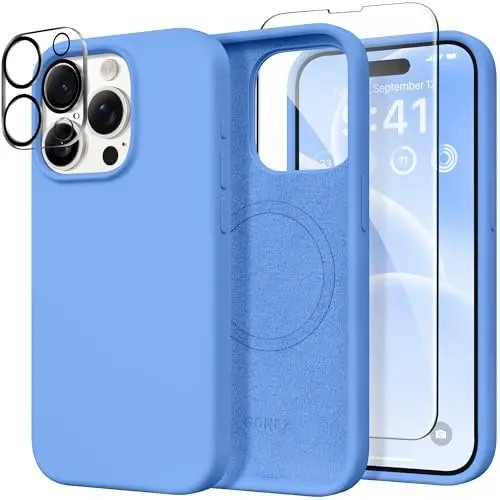 GONEZ for iPhone 15 Pro Max Case Silicone, Compatible with Magsafe, Camera Protector + Screen Protector, Soft Anti-Scratch Microfiber Lining, Liquid Silicone Shockproof Phone Cover, Sky Blue 