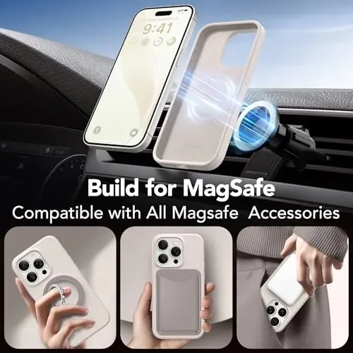 GONEZ Magnetic for iPhone 15 Pro Max Case, [Compatible with MagSafe] Anti-Scratch Microfiber Lining & Screen Protector, Shockproof Slim Phone Silicone Cover 6.7 inch, Stone - 5
