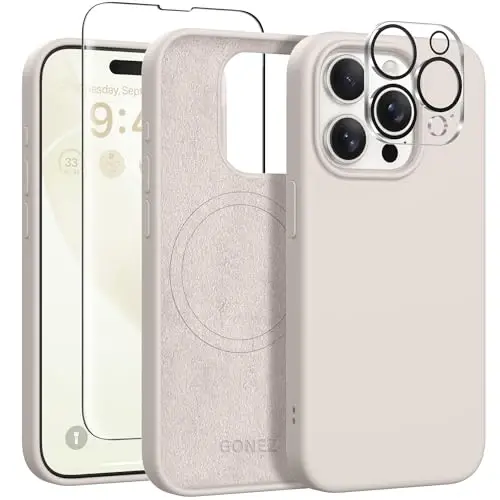 GONEZ for iPhone 15 Pro Max Case Silicone, Compatible with Magsafe, Camera Protector + Screen Protector, Soft Anti-Scratch Microfiber Lining, Liquid Silicone Shockproof Phone Cover, Stone 