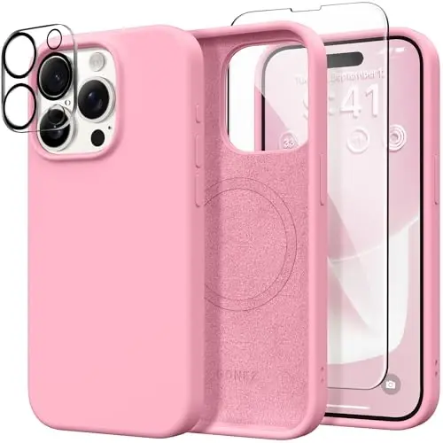 GONEZ for iPhone 15 Pro Max Case Silicone, Compatible with Magsafe, Camera Protector + Screen Protector, Soft Anti-Scratch Microfiber Lining, Liquid Silicone Shockproof Phone Cover, Sweetie Pink - 1