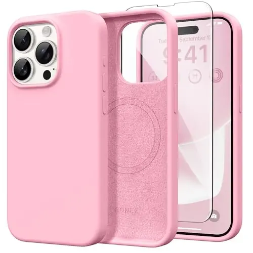 GONEZ Magnetic for iPhone 15 Pro Max Case, Silicone Cover Sweetie Pink | Compatible with MagSafe, Camera Button & Screen Protector, Microfiber Lining, 3 Layers Soft Gel Rubber Shockproof Slim 6.7