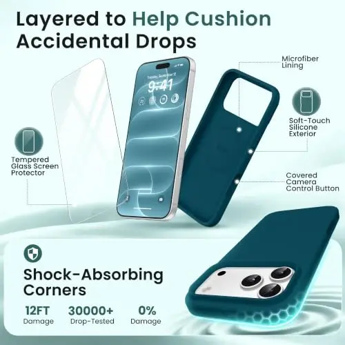 GONEZ for iPhone 18 Pro Max Case/iPhone 17 Pro Max Case, Teal | Fit for MagSafe, Screen Protector, Full Camera Protection, Premium Silicone Cover Shockproof Drop Protection Slim Phone Case - 4