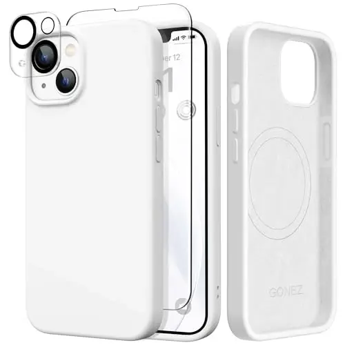 GONEZ Magnetic for iPhone 14 Case, Compatible with Magsafe, with Screen Protector + Camera Protector, Anti-Scratch Microfiber Lining, Liquid Silicone Shockproof Protective Phone Case, White - GONEZ