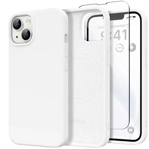 GONEZ Magnetic for iPhone 14 Case, Compatible with Magsafe, with Screen Protector + Camera Protector, Anti-Scratch Microfiber Lining, Liquid Silicone Shockproof Protective Phone Case, White - GONEZ