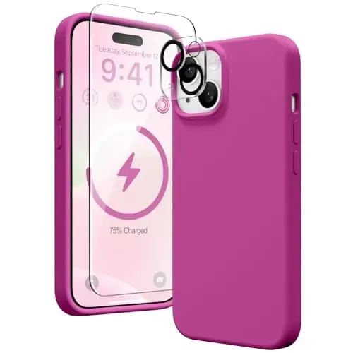 GONEZ Magnetic for iPhone 14 Case, Compatible with Magsafe, with Screen Protector + Camera Protector, Anti-Scratch Microfiber Lining, Liquid Silicone Shockproof Protective Phone Case, Lilac 