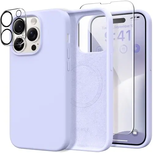 GONEZ iPhone 14 Pro Max Case Silicone uchun, MagSafe bilan mos, ekran himoyachisi + kamera linzalari himoyachisi bilan, suyuq silikon zarbga chidamli himoya telefon 14 ProMax Case 6.7