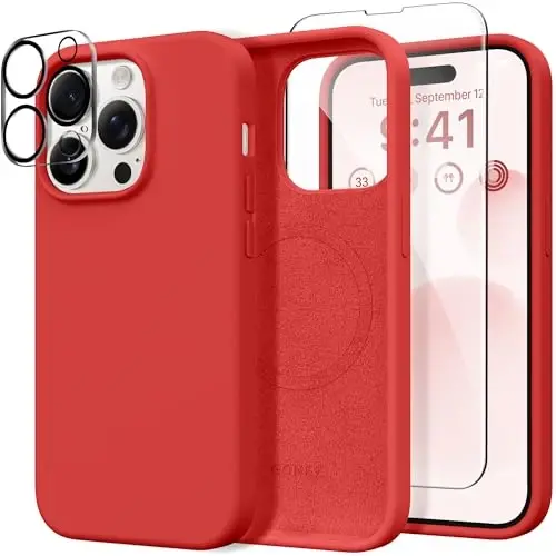 GONEZ iPhone 14 Pro Max Case Silicone uchun, MagSafe bilan mos, ekran himoyachisi + kamera linzalari himoyachisi bilan, suyuq silikon zarbga chidamli himoya telefoni 14 ProMax Case 6.7