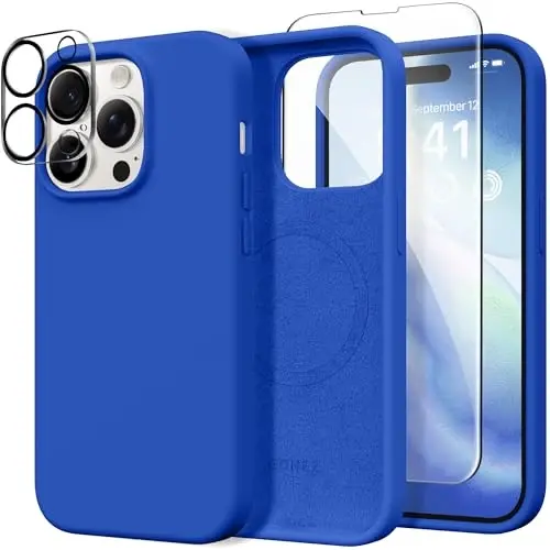 GONEZ iPhone 14 Pro Max uchun g‘ilof, MagSafe bilan mos, ekran himoyachisi + kamera linzalari himoyachisi bilan, suyuq silikon zarbaga chidamli himoya telefon 14 ProMax g‘ilofi 6,7