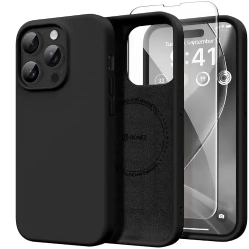 GONEZ iPhone 14 Pro Max uchun g‘ilof Silikon, MagSafe bilan mos, ekran himoyachisi + kamera linzalari himoyachisi, suyuq silikon zarbga chidamli himoya telefon 14 ProMax g‘ilofi 6,7