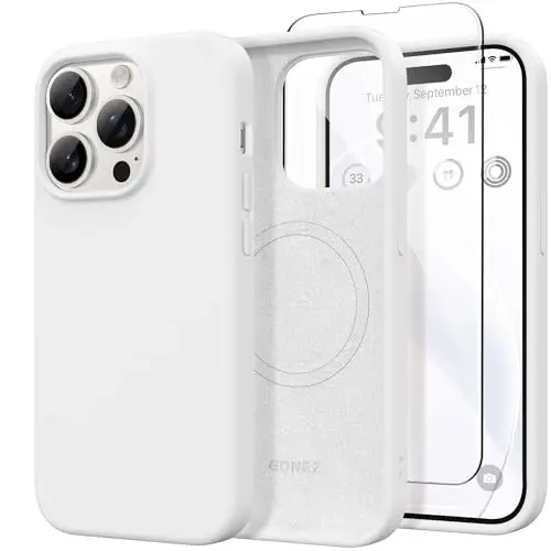 GONEZ iPhone 14 Pro Max uchun silikon g'ilof, MagSafe bilan mos, ekran himoyachisi + kamera linzalari himoyachisi bilan, suyuq silikon zarbga chidamli himoya telefon 14 ProMax g'ilofi 6.7