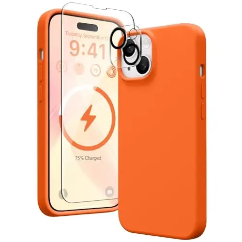 GONEZ iPhone 15 Plus uchun magnit silikon g'ilofi, [MagSafe bilan mos][1X kamera himoyachisi + ekran himoyachisi], mikrofiber qoplamali zarbaga chidamli himoya telefon qopqog'i 6,7