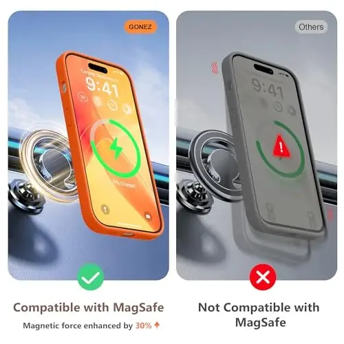 GONEZ iPhone 15 Plus uchun magnit silikon g'ilofi, [MagSafe bilan mos][1X kamera himoyachisi + ekran himoyachisi], mikrofiber qoplamali zarbaga chidamli himoya telefon qopqog'i 6,7