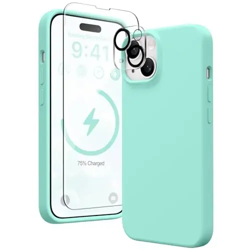 GONEZ iPhone 15 Plus uchun magnitli silikon g‘ilof, [MagSafe bilan mos][1X kamera himoyachisi + ekran himoyachisi], mikro tolali astar zarbaga chidamli himoya telefon qopqog‘i 6,7