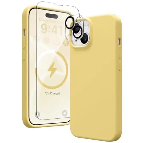 GONEZ iPhone 15 Plus uchun magnitli silikon g‘ilof, [MagSafe bilan mos][1X kamera himoyachisi + ekran himoyachisi], mikro tolali astarli zarbga chidamli himoya telefon qopqog‘i 6,7