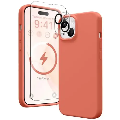 GONEZ iPhone 15 Plus uchun magnitli silikon gʻilof, [MagSafe bilan mos][1X kamera himoyachisi + ekran himoyachisi], Mikrofiber astarli zarbga chidamli himoya telefon qopqogʻi 6,7