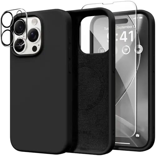 GONEZ iPhone 15 Pro Max Kılıf Silikon, Magsafe Uyumlu, Kamera Koruyucu + Ekran Koruyucu, Yumuşak Çizilmez Mikrofiber Astar, Sıvı Silikon Darbeye Dayanıklı Telefon Kapağı, Siyah 