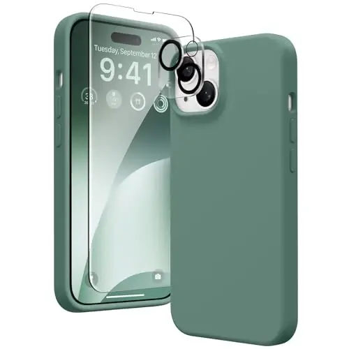 GONEZ iPhone 15 uchun g'ilof, suyuq silikon g'ilof [1 ekran himoyachisi + 1 kamera linzalari himoyachisi] bilan, tirnalishga qarshi yumshoq mikrofiber astar zarbga chidamli himoya telefon qopqog'i 6.1