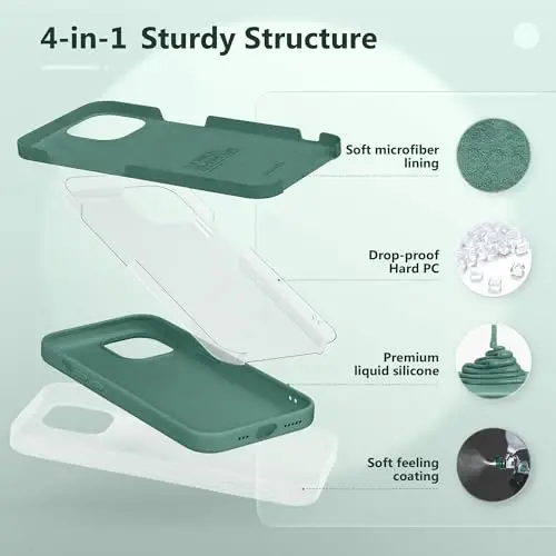 GONEZ iPhone 15 uchun g'ilof, suyuq silikon g'ilof [1 ekran himoyachisi + 1 kamera linzalari himoyachisi] bilan, tirnalishga qarshi yumshoq mikrofiber astar zarbga chidamli himoya telefon qopqog'i 6.1