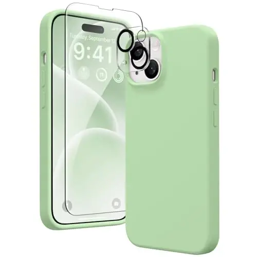 GONEZ iPhone 15 uchun g'ilof, suyuq silikon g'ilof [1 ekran himoyachisi + 1 kamera linzalari himoyachisi] bilan, tirnalishga qarshi yumshoq mikrofiber astar zarbga chidamli himoya telefon qopqog'i 6,1