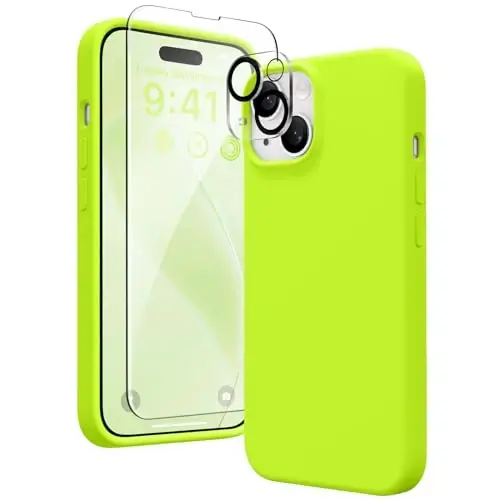 GONEZ iPhone 15 uchun g'ilofi, suyuq silikon g'ilof [1 ekran himoyachisi + 1 kamera linzalari himoyachisi] bilan, tirnalishga qarshi yumshoq mikrofiber astar zarbga chidamli himoya telefon qopqog'i 6.1
