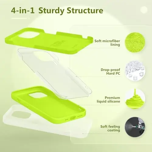 GONEZ iPhone 15 uchun g'ilofi, suyuq silikon g'ilof [1 ekran himoyachisi + 1 kamera linzalari himoyachisi] bilan, tirnalishga qarshi yumshoq mikrofiber astar zarbga chidamli himoya telefon qopqog'i 6.1