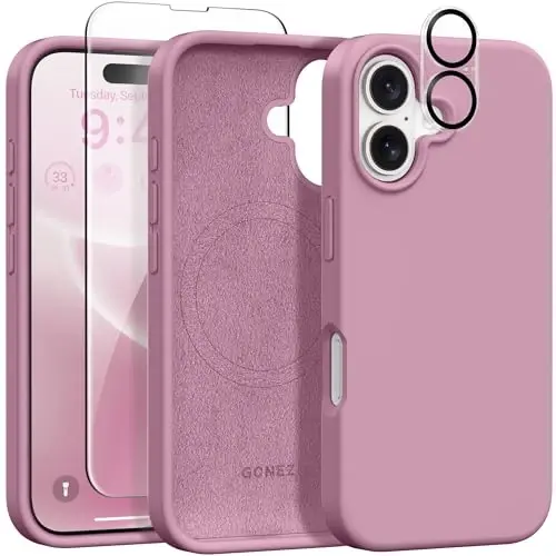 GONEZ Magnetic for iPhone 16 Case, Compatible with MagSafe, [Screen Protector + Camera Lens Protector], Silicone Shockproof Anti-Scratch Protective Phone Case 6.1 inch, Blackcurrant - 1
