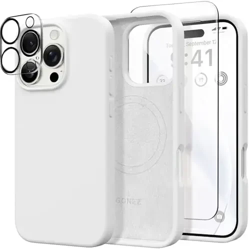 GONEZ Magnetic for iPhone 16 Pro Case, Compatible with MagSafe, [Screen Protector + Camera Lens Protector], Silicone Shockproof Anti-Scratch Protective Phone Case 6.3 inch, White - GONEZ