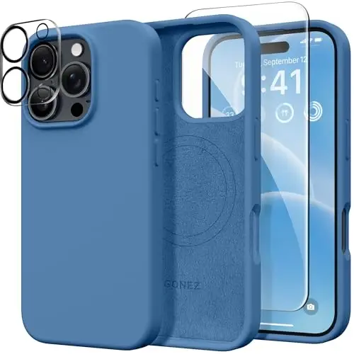 GONEZ Magnetic for iPhone 16 Pro Case, Compatible with MagSafe, [Screen Protector + Camera Lens Protector], Silicone Shockproof Anti-Scratch Protective Phone Case 6.3 inch, Lake Blue - GONEZ