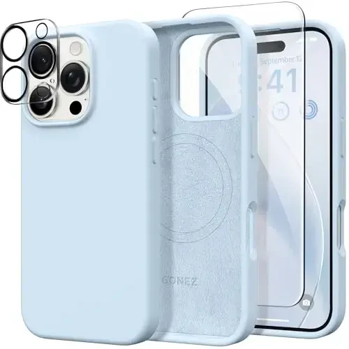 GONEZ Magnetic for iPhone 16 Pro Case, Compatible with MagSafe, [Screen Protector + Camera Lens Protector], Silicone Shockproof Anti-Scratch Protective Phone Case 6.3 inch, Blue - GONEZ