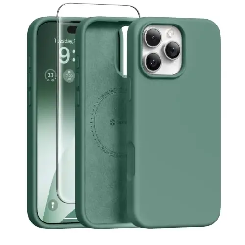 GONEZ iPhone 16 Pro Max Kılıf için Manyetik, [MagSafe ile Uyumlu] Çizilmez Mikrofiber Astar & Ekran Koruyucu, Silikon Kamera Kontrolü, Darbeye Dayanıklı İnce Telefon Kapağı 6.9 inç, Gece Yarısı Yeşili 